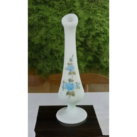 Fenton Other - Vintage 8" Fenton Hand-Painted Satin Glass Bud Vase Blue Roses Signed by Artist